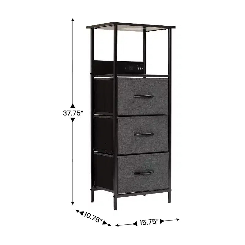 Mesa de noche Emma y Oliver con 3 cajones de tela, estación de carga con 2 puertos USB/toma de corriente, parte superior de madera de ingeniería, asas de madera, estructura de metal