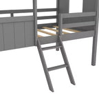 Cama baja tipo loft de madera tamaño twin con dos ventanas laterales para niños