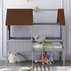 Cama baja tipo loft de madera tamaño twin con dos ventanas laterales para niños