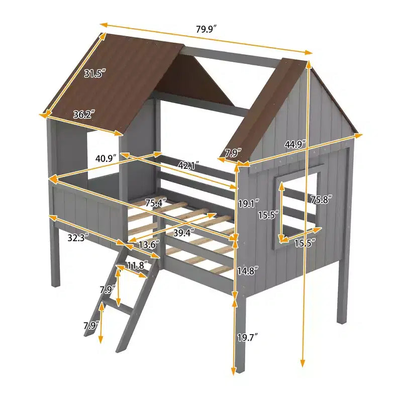 Cama baja tipo loft de madera tamaño twin con dos ventanas laterales para niños