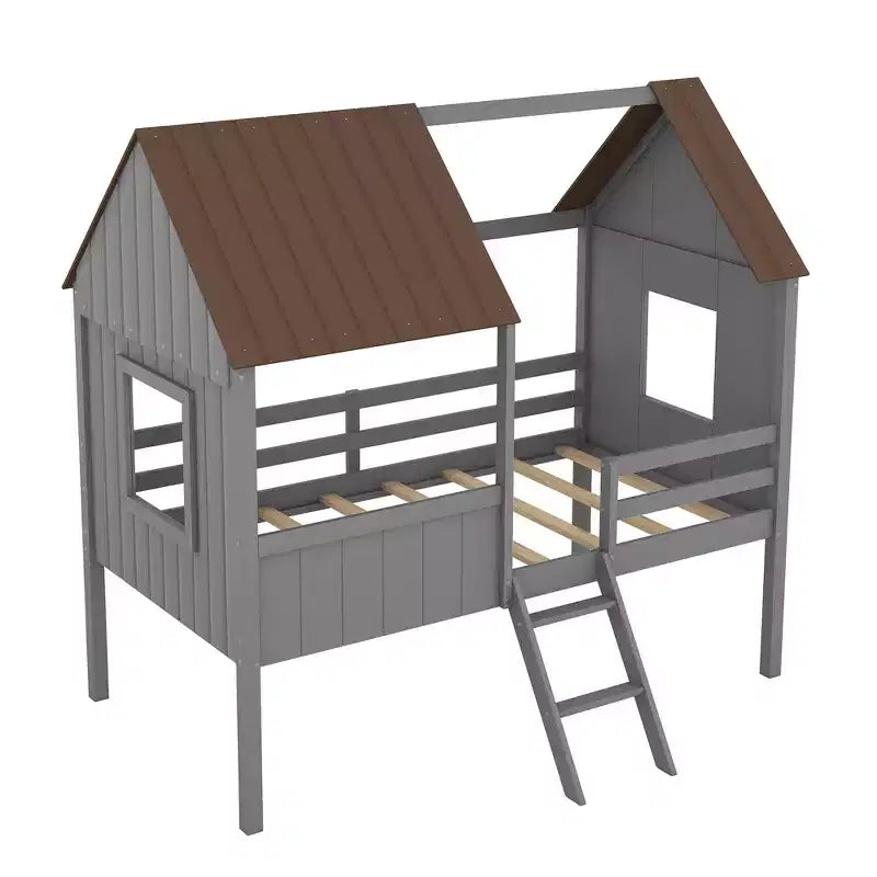 Cama baja tipo loft de madera tamaño twin con dos ventanas laterales para niños