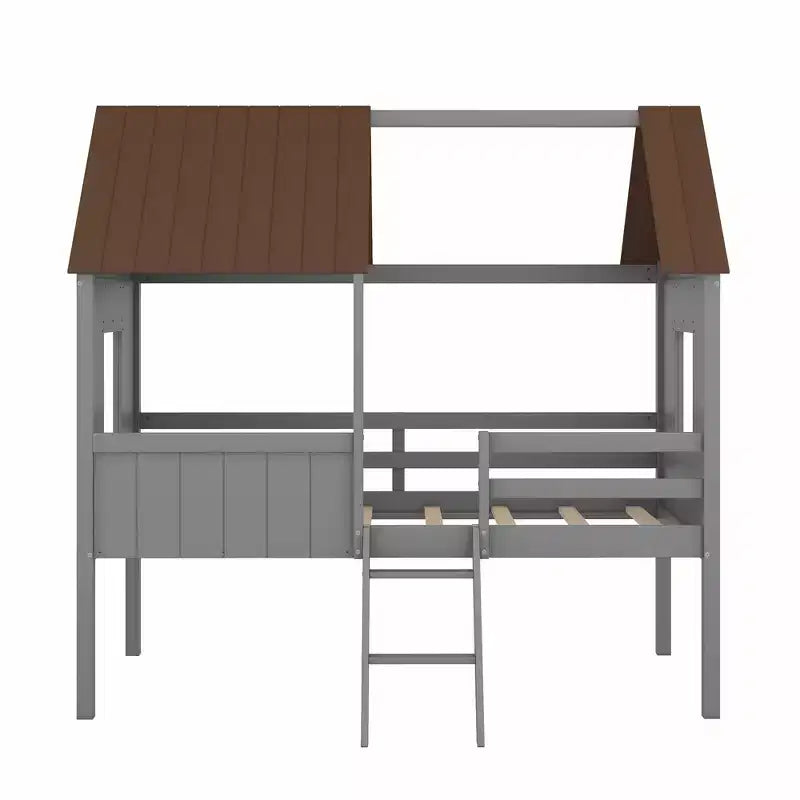 Cama baja tipo loft de madera tamaño twin con dos ventanas laterales para niños