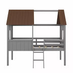 Cama baja tipo loft de madera tamaño twin con dos ventanas laterales para niños