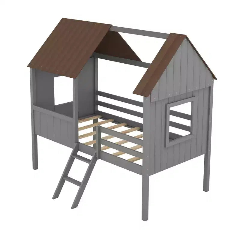 Cama baja tipo loft de madera tamaño twin con dos ventanas laterales para niños