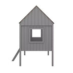 Cama baja tipo loft de madera tamaño twin con dos ventanas laterales para niños