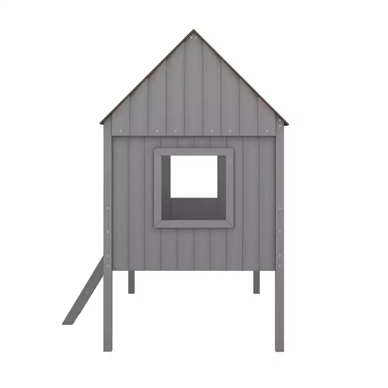 Cama baja tipo loft de madera tamaño twin con dos ventanas laterales para niños