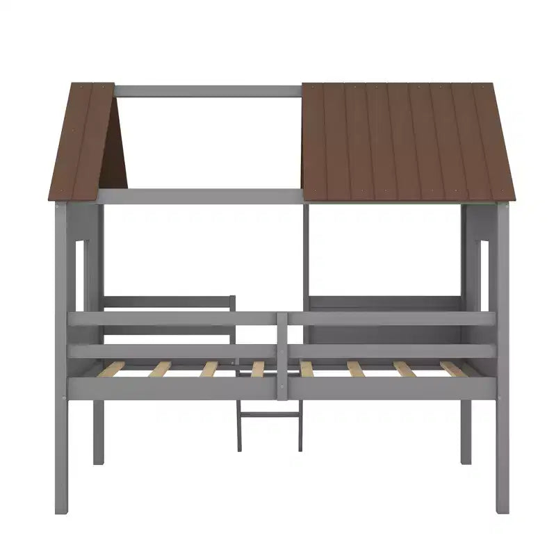 Cama baja tipo loft de madera tamaño twin con dos ventanas laterales para niños