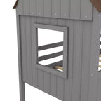 Cama baja tipo loft de madera tamaño twin con dos ventanas laterales para niños